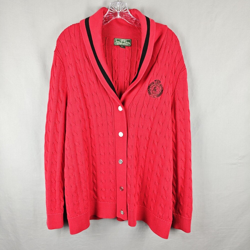 Lauren Ralph Lauren Sweater Womens 1X Red Cable Knit Shawl Collar Cardigan